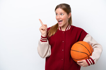 Young basketball player woman isolated on white background intending to realizes the solution while lifting a finger up