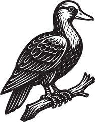 Elegant Black and White Woodcut Illustration of a Duck Perched on a Branch
