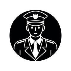 Stylized black and white illustration of a police officer in uniform