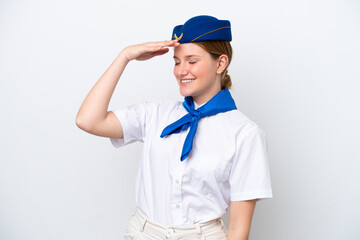 Airplane stewardess woman isolated on white background has realized something and intending the solution