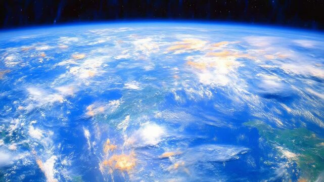 An awe-inspiring view of Earth from space, showcasing the planet's vibrant blue oceans, swirling cloud formations, and the glowing lights of cities, capturing the beauty and fragility of our world.
