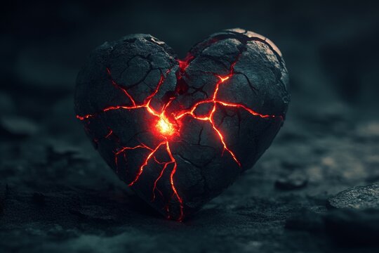 A heart shattered with cracks emanates red glowing veins against a dark backdrop, embodying deep emotional pain and turmoil in an artistic and abstract form