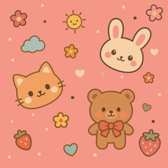 Obraz premium Sticker cliparts bunny teddy and kitty kawaii