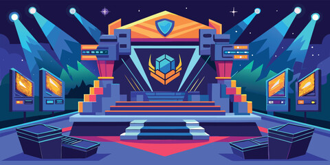 Virtual esports arena illuminated at night with colorful lights and modern gaming stations