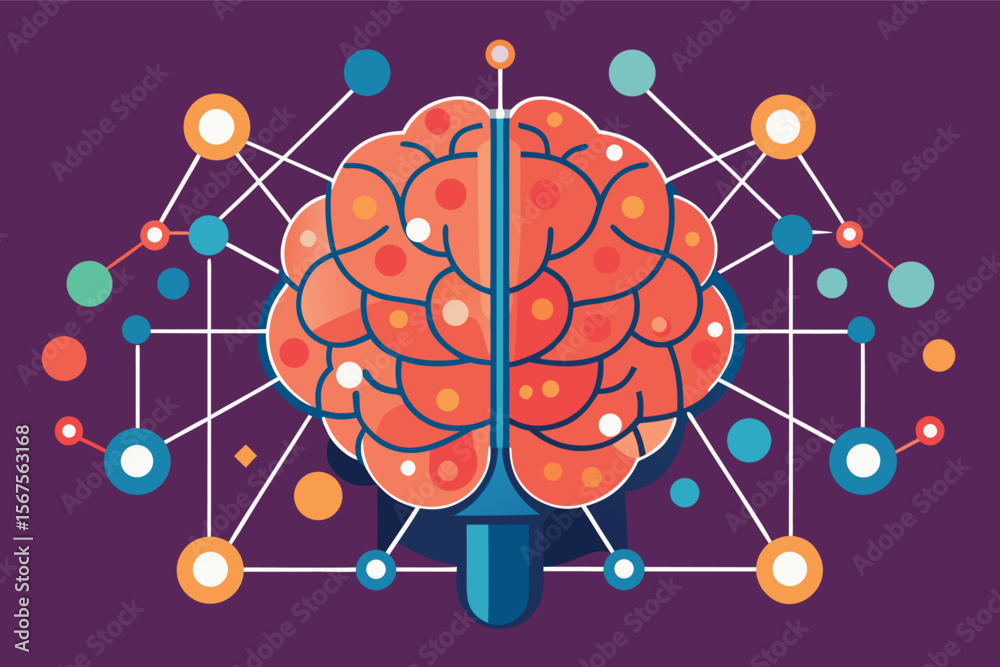 Poster brain illustration with interconnected nodes highlighting neural networks and cognitive processes in