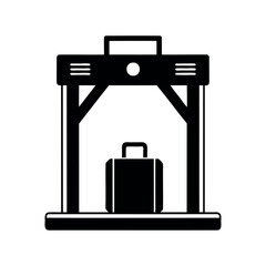 Airport security baggage scanner with a suitcase, black and white icon