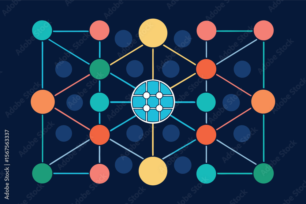 Poster colorful geometric network with nodes and connections representing data flow and relationships in a 