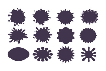 Collection of abstract black ink splatter shapes on white background, perfect for graphic design, labels, and decorative elements.