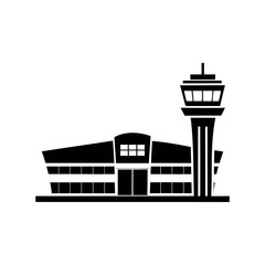 Fototapeta premium Black and white graphic silhouette of an airport terminal and control tower