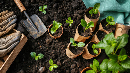 Spring Garden Flatlay with Biodegradable Seed Pots and Gloves
