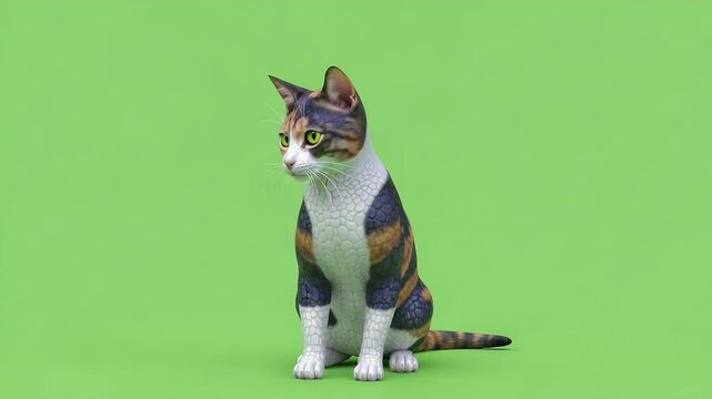 Calico Cat: A captivating calico cat perches gracefully, its tri-colored coat a testament to its unique feline charm, while set against a vibrant backdrop.