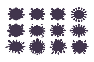 Collection of abstract black ink splatter shapes on white background, perfect for graphic design, labels, and decorative elements.