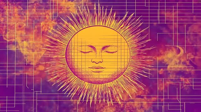 Vibrant sun illustration with geometric patterns and warm colors, symbolizing energy and creativity