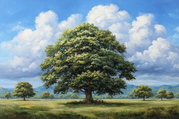 Lush oak tree in a field under a vibrant sky