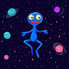 Fototapeta premium Cartoon alien and UFO fly by the moon through a starry night sky, a blue fantasy vector illustration