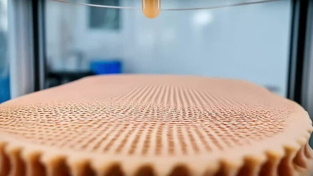 A close-up of a 3D printer extruding biomaterial to create a complex organic scaffold, a concept of advanced bioprinting technology