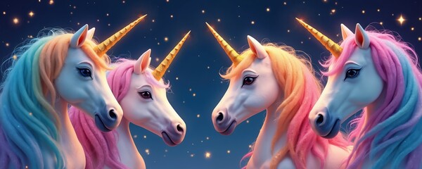 Four unicorns with rainbow manes pictured against starry, cosmic background. Golden horns glitter. Mythical creatures possess dreamy, ethereal quality, ideal for fantasy art, children themes, magical