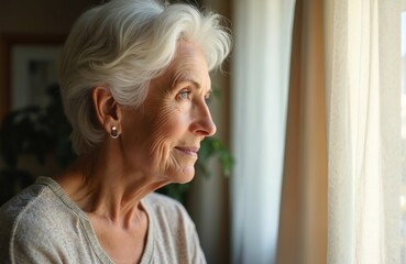 Close-up side profile of elderly woman with white hair, wrinkles, looking thoughtfully out window. Wears simple grey top, small earrings. Background shows soft curtains, hint of indoor plants,
