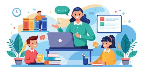 Engaging online learning session with teacher and students in a bright, inviting classroom environment