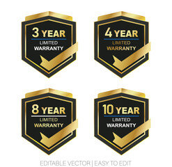 Set of warranty gold badge vector stamp and premium Hexagon Badges Vector Label Design for product