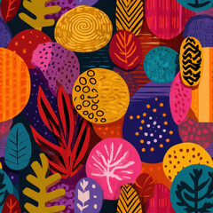 Seamless abstract pattern with colorful leaf shapes and organic elements creates vibrant and playful background design