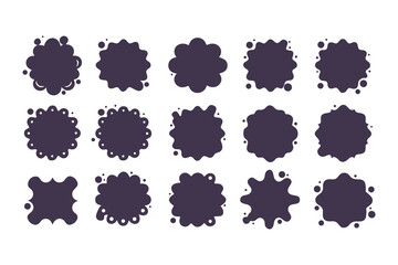 Collection of abstract black ink splatter shapes on white background, perfect for graphic design, labels, and decorative elements.