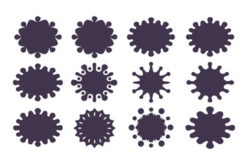Collection of abstract black ink splatter shapes on white background, perfect for graphic design, labels, and decorative elements.