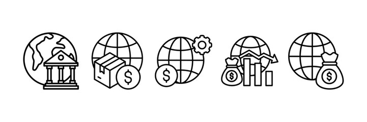 Global Economy Icon Set Multiple Style Collection, Containing design Worldwide, Gross Domestic Product, Global Financial System, International Capital , Economic Downturn