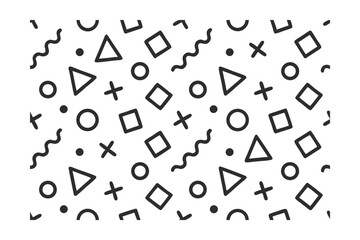 Geometric shapes pattern including triangles squares circles crosses wavy lines on