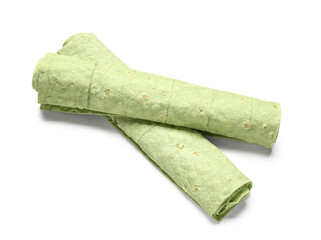 Rolled green lavash on white background