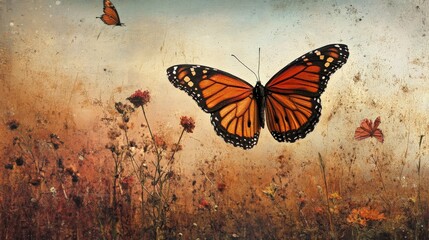 Monarch butterfly amidst autumnal wildflowers.