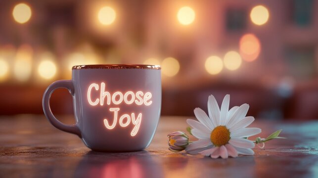 Inspirational coffee cup with choose joy message and flower on wooden table in cozy cafe setting