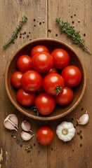 Fresh red tomatoes in wooden bowl