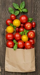 Fresh tomatoes and basil in paper bag
