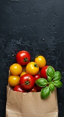 Fresh tomatoes and basil in paper bag