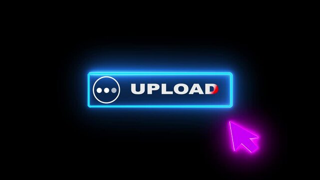 Glowing neon color white text cursor animation. design is Upload button vector sign, symbol. looping with transparent black background animation 4k video.
