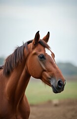 Brown horse head portrait in pasture. Equine mammal features white blaze on forehead. Gentle eye detail highlights beauty. Horse wearing mane, grazing in summer field. Domestic animal farm life.