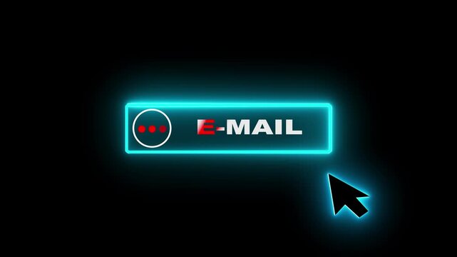 Glowing neon color white text cursor animation. design is E-mail button vector sign, symbol. looping with transparent black background animation 4k video.