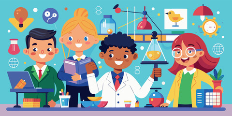 Science fair participants showcase experiments in a colorful educational setting with cheerful expressions