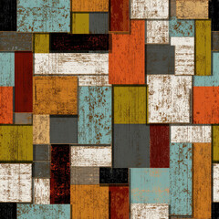 Seamless geometric pattern with rustic wood texture in orange blue yellow and brown for creative backgrounds