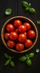 Fresh tomatoes in wooden bowl