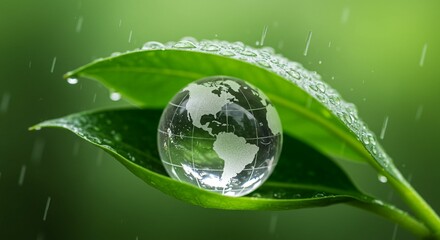 Globe on green leaves in rain