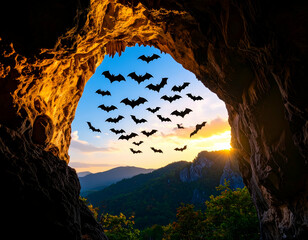 Bats Emerging Cave Sunset Landscape.
