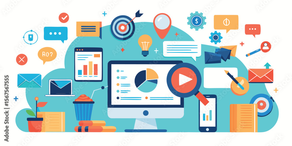 Poster modern digital workspace with various tools and icons representing data analysis and communication s