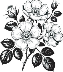Hand Drawn Wild Rose Flower Illustration in Vintage Style

