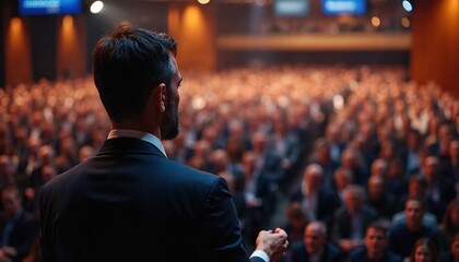 Man in suit speaks to large audience in conference hall. Focus on speaker addressing crowd, promoting business, sharing ideas. Professional presentation, communication, leadership, event.