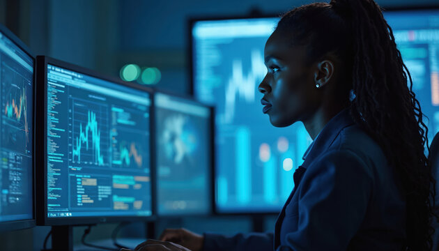 Black female cybersecurity analyst monitors AI cyberspace threats on computers in dark data center. Blue lighting highlights concentration on digital information. specialist works with code, data