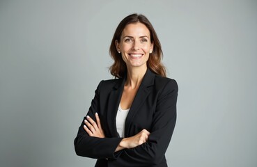 Smiling businesswoman portrait, profile view, arms crossed confidently. Professional woman in black suit, white shirt. Clear copy space for text or graphics. Represents success and modern business.