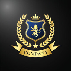 Elegant Royal Lion Crest Logo with Golden Crown and Laurel on Blue Shield
