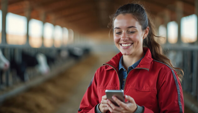 Young female farm worker in red jacket smiles using mobile phone in cow barn. Modern animal husbandry, agribusiness tech. Dairy farm management shows contemporary approach to agriculture. - Powered by Adobe